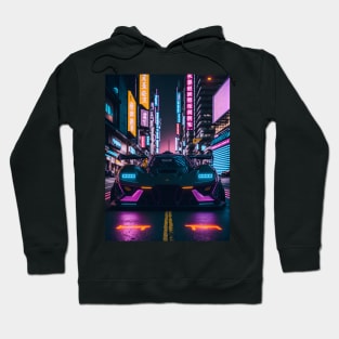 Dark Neon Sports Car in Japanese Neon City Hoodie